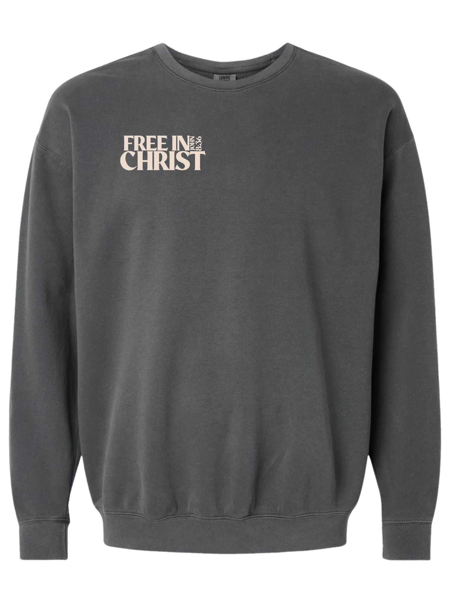 ‘Free in Christ’ Unisex Lightweight Christian Crewneck Sweatshirt – Pepper Grey (Beige Ink)