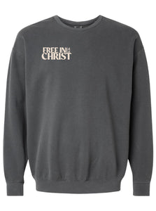 ‘Free in Christ’ Unisex Lightweight Christian Crewneck Sweatshirt – Pepper Grey (Beige Ink)