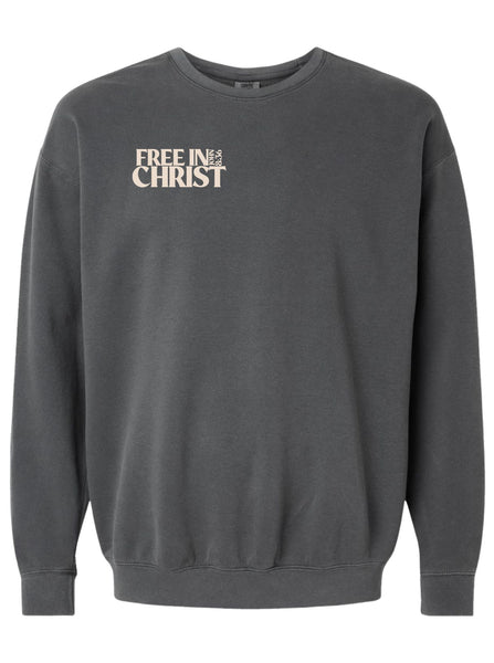 ‘Free in Christ’ Unisex Lightweight Christian Crewneck Sweatshirt – Pepper Grey (Beige Ink)