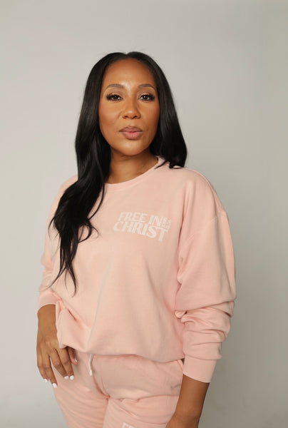 ‘Free in Christ’ Unisex Lightweight Christian Crewneck Sweatshirt – Peachy (Beige Ink)