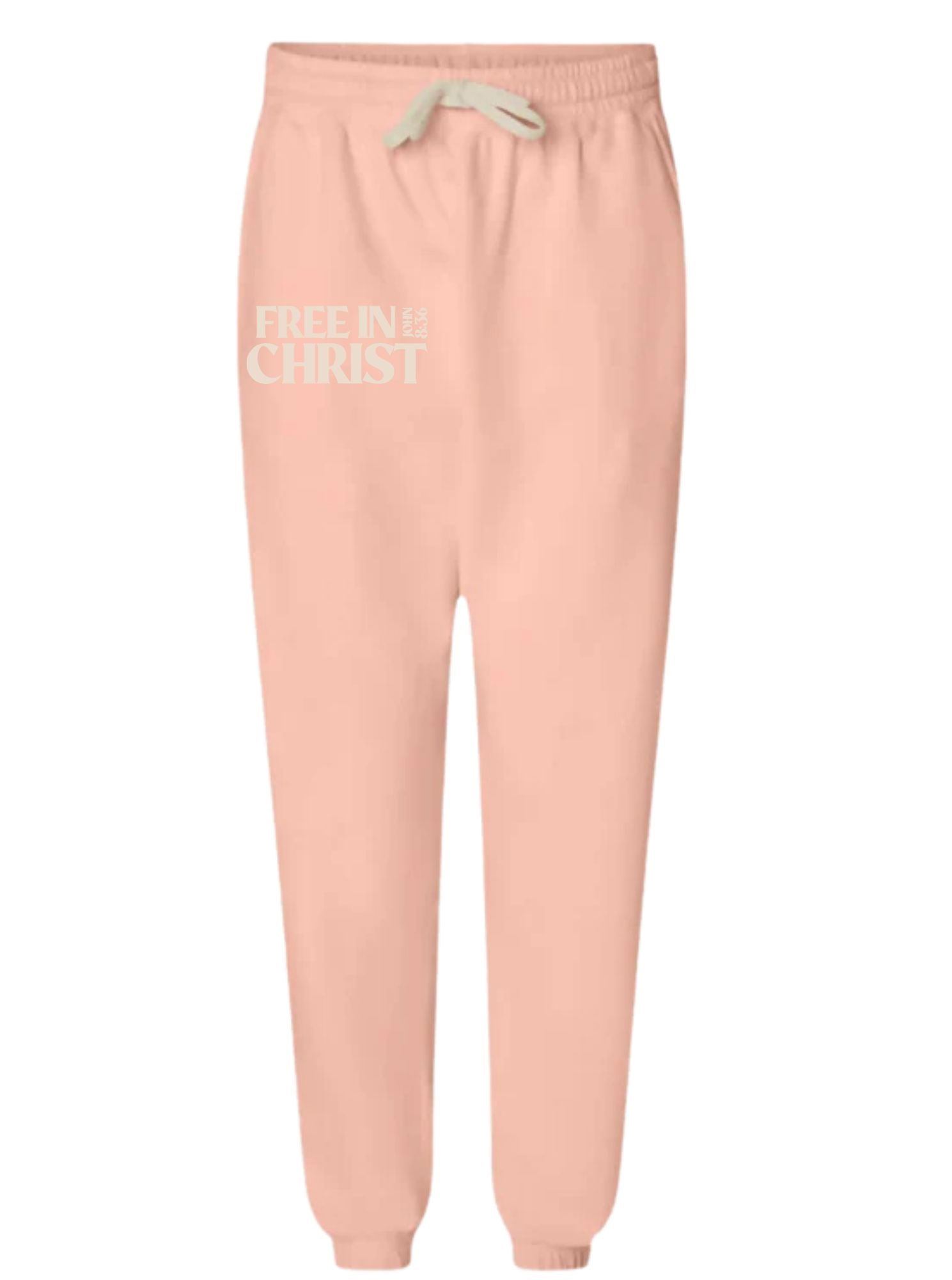 ‘Free in Christ’ Unisex Lightweight Christian Sweatpants – Peachy (Beige Ink)