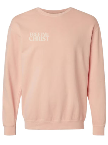 ‘Free in Christ’ Unisex Lightweight Christian Crewneck Sweatshirt – Peachy (Beige Ink)