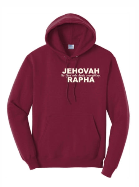 “JEHOVAH RAPHA: OUR HEALER” UNISEX HOODIE  Cardinal w/ Off white