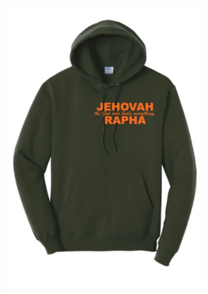 “JEHOVAH RAPHA: OUR HEALER” UNISEX HOODIE Olive Green w/ Orange