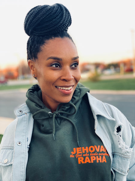 “JEHOVAH RAPHA: OUR HEALER” UNISEX HOODIE Olive Green w/ Orange
