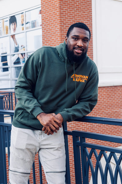 “JEHOVAH RAPHA: OUR HEALER” UNISEX HOODIE Olive Green w/ Orange