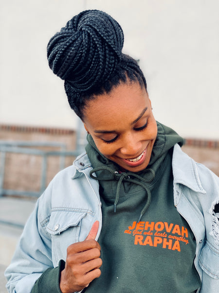 “JEHOVAH RAPHA: OUR HEALER” UNISEX HOODIE Olive Green w/ Orange