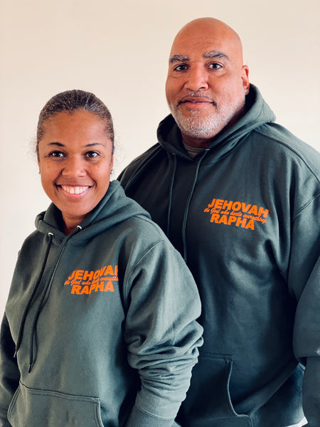 “JEHOVAH RAPHA: OUR HEALER” UNISEX HOODIE Olive Green w/ Orange