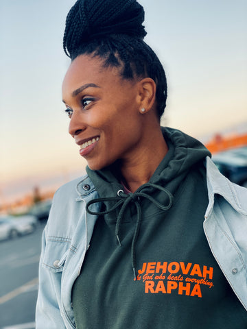 “JEHOVAH RAPHA: OUR HEALER” UNISEX HOODIE Olive Green w/ Orange
