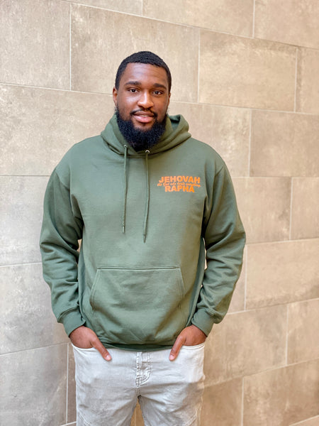 “JEHOVAH RAPHA: OUR HEALER” UNISEX HOODIE Olive Green w/ Orange